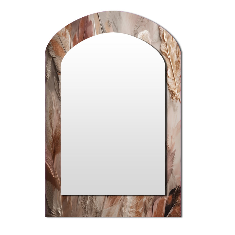 Gold Glamorous Feathers Of Boho Fantasy V - Glam Feather Asymmetrical Mirror, Gold Arch Decorative Wall Mirror, Printed Metal Art