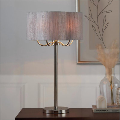 Lily 30" Contemporary Metal Table Lamp in Polished Nickel with Grey Linen Hardback Shade