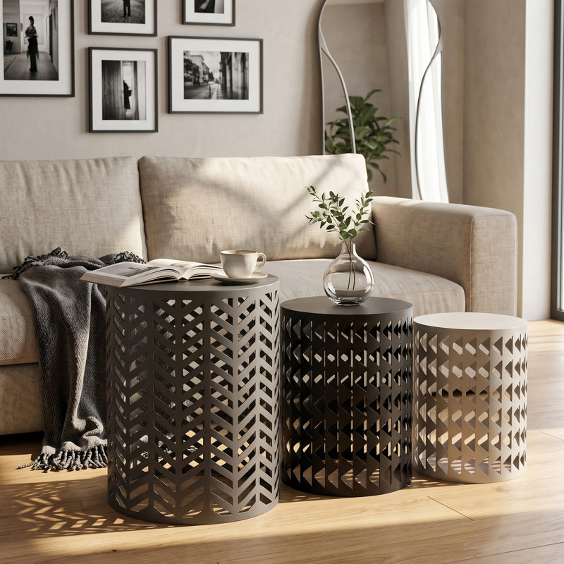 Round Metal Outdoor Side Table, End Table, Small Coffee Table, Patio End Table, Metal Coffee End Tables Set of 3 Modern Furniture Nightstands Decor Side Tables Plant Stand