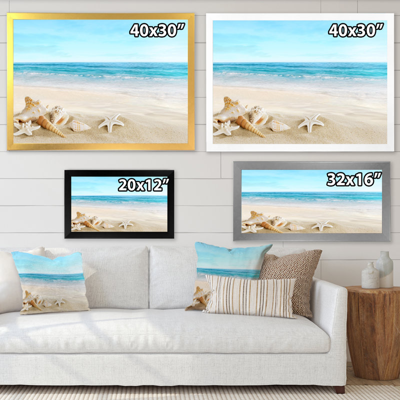 Paysage avec coquillages sur une plage tropicale - photographie sur toile, Cadre photo blanc, H 16 po x l 32 po