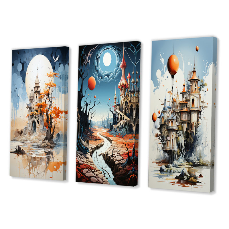 «Surréalisme, rêve, caslte imaginaire», 3 pièces sur toile, Toile tendue, H 20 po x l 36 po