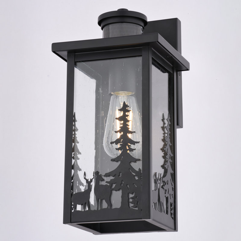 Gyanna 12.25 In. H 1-Light Matte Black Rustic Wildlife Motion Sensor Dusk To Dawn Outdoor Wall Light, Durable Steel, Clear Seeded Glass Shade, Use For Exterior Porch Patio Front Door Or Garage