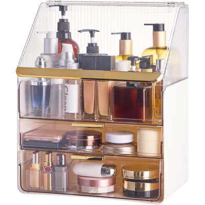 Grand organisateur de maquillage en acrylique avec couvercle rabattable et tiroirs, rangement de maquillage étanche à la poussière pour les pinceaux de rouge à lèvres, vitrine de meuble-lavabo de comptoir