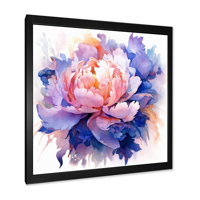 «Coral Blue Peony Visons», reproduction sur toile, H 24 po x l 24 po x P 1 po, Cadre simple noir