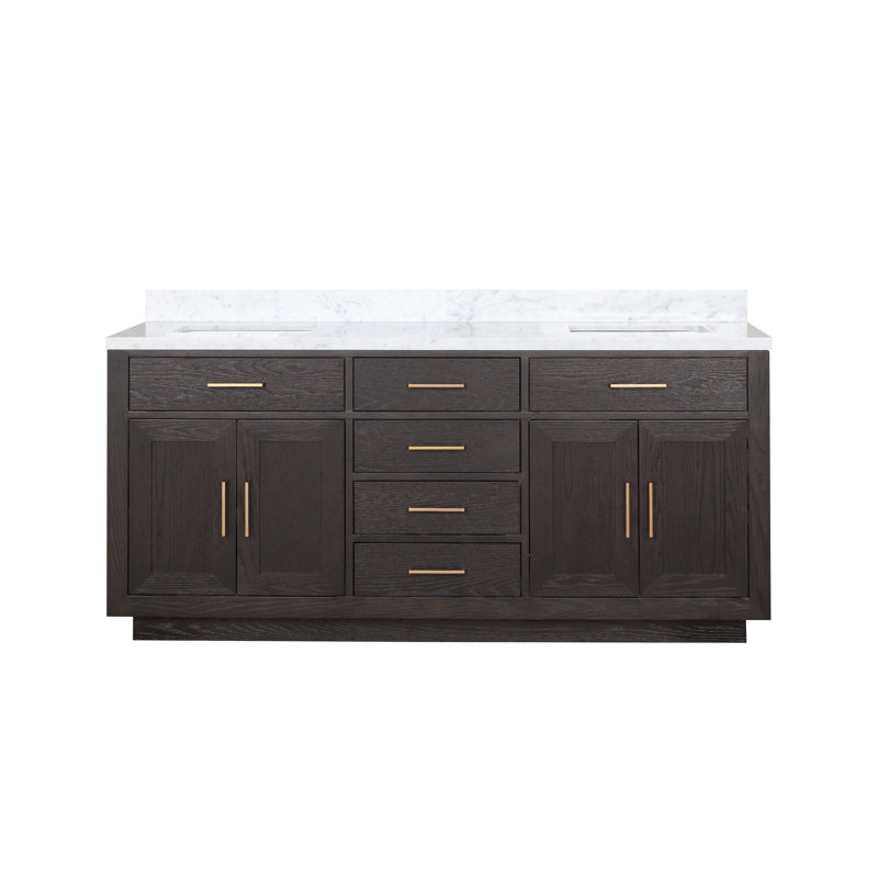 72" Double Bathroom Vanity Set, Brown Oak, White Carrara Marble