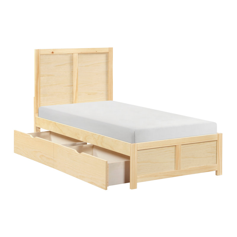 Dimensions avec les boîtes à jouets de rangement Design élégant au fini naturel pin simple 4 pièces, lit plateforme, boîtes de rangement en pin avec roulettes; Comprend