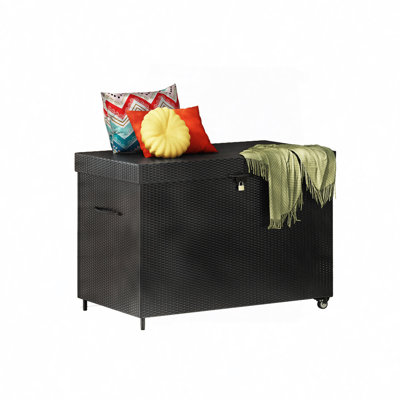 Boîte de rangement en osier avec roulettes, boîte de rangement extérieure toutes saisons, bac de rangement en rotin pour meubles de patio, coussins d'extérieur, rangement de piscine et outils de jardin