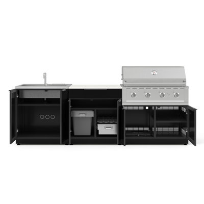 Ensemble de 5 armoires d'extérieur en aluminium noir avec bar, barbecue, évier, barbecue au propane liquide 40 po et plateau blanc 32 po Dekton