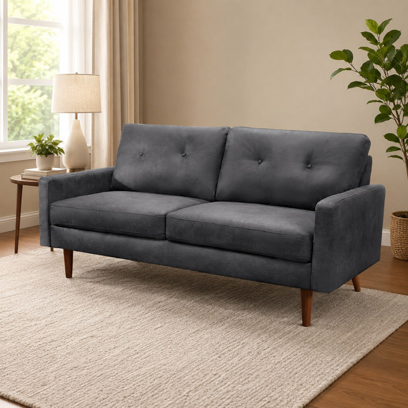 Arbadella 70" Industrial Vintage Upholstered Sofa, Distressed Leather-Look Apartment Couch, Charcoal Microfiber/Microsuede
