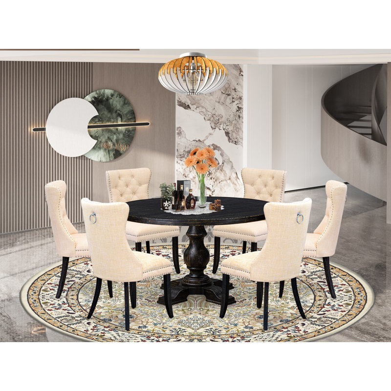 L'ensemble de salle à manger 7 pièces comprend une table moderne et 6 chaises de salle à manger en tissu de polyester beige clair avec dossier capitonné - Noir sablé
