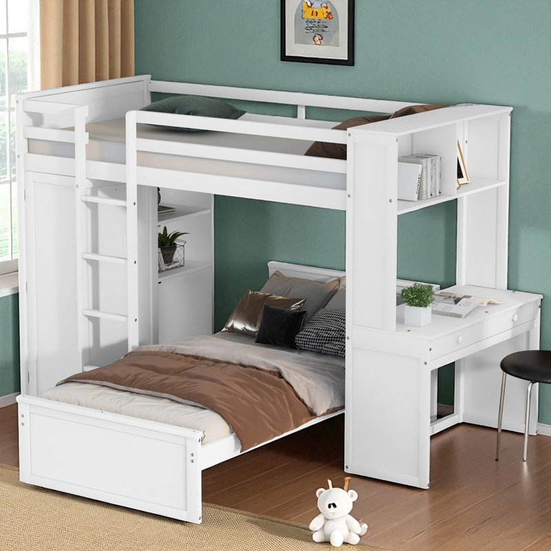 L - Shape Bunk Bed With Built-In Desk And Wardrobe, White, Full Over Twin