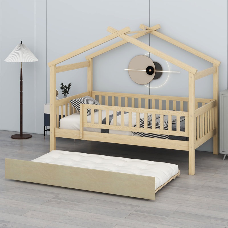 Wooden House Bed with Trundle, Twin, Oak