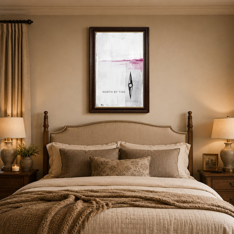 Art mural en forme de boussole noire avec ligne d'horizon rose sur toile blanche, 24"H x 16"W