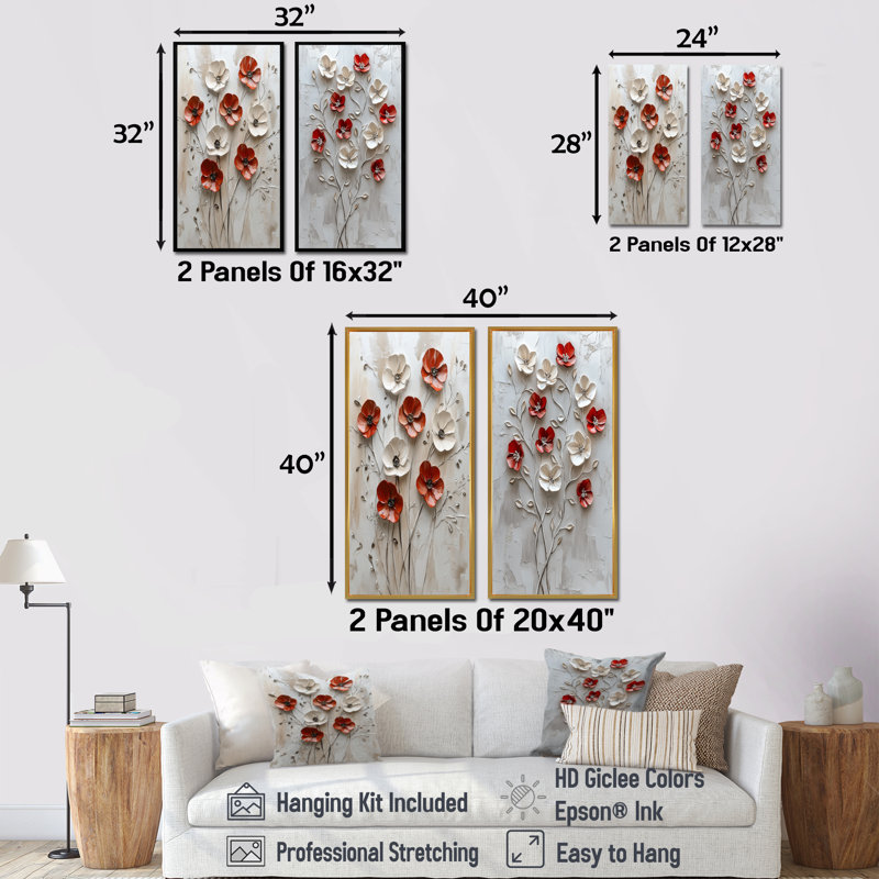 «Red Blooming Poppies Melody III», ensemble de 2 coquelicots, H 28 po x l 24 po, Toile tendue