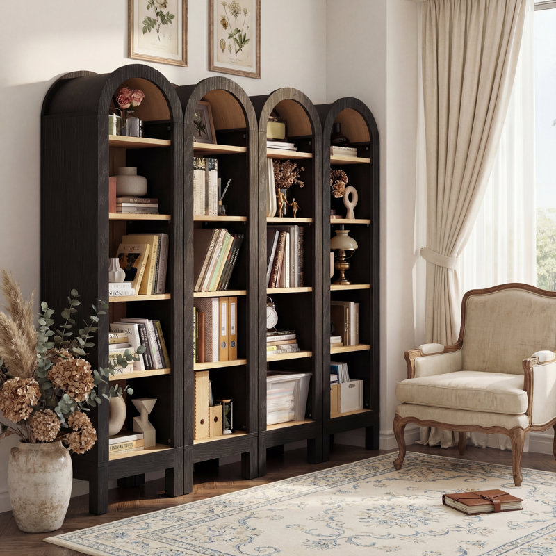 70.9"H X 13.78 "W  5-Tier Arched Bookcase, Narrow Open Display Bookshelf  For Bedroom, Livingroom, Home Office, Natural/Black