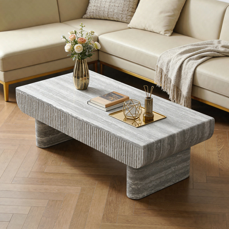 Table basse en bois gris - tiroir cannelé, Mid-Century moderne - gris