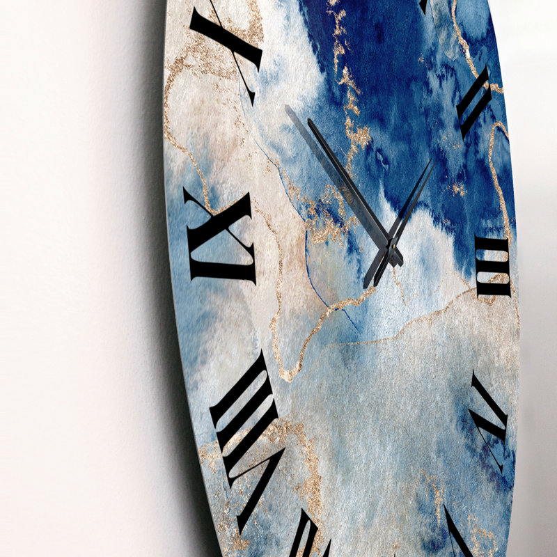 Horloge murale moderne bleu et or - nuages en marbre III, Moyen