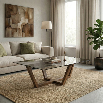 Tempered Glass Coffee Table with Geometric Solid Wood Base