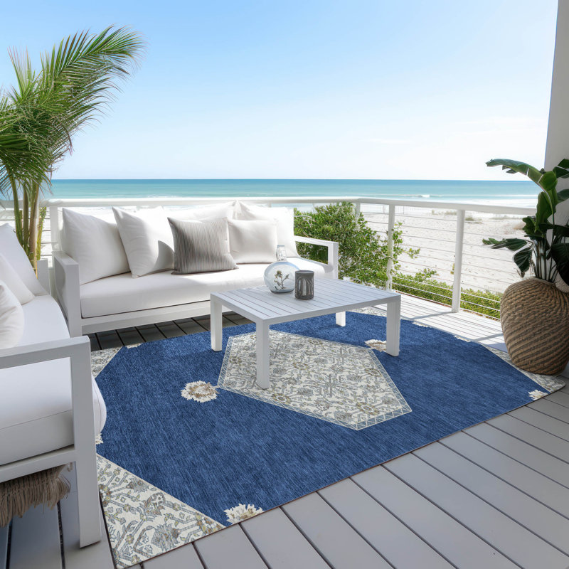 Navy and White Synthetic 5' x 7' Washable Rectangular Rug