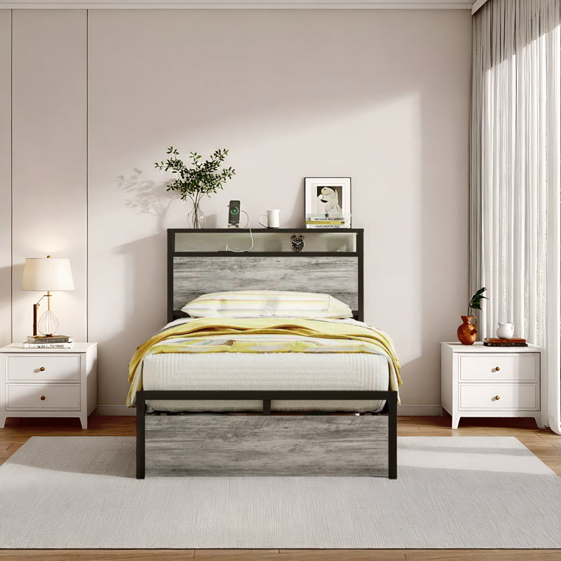 Bed Frames With Drawer, Industrial Gray, Extra-Long Twin