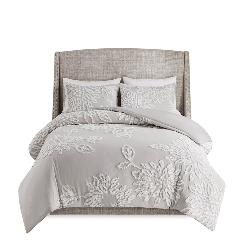 Housse de couette en coton 3 pièces pour lit très grand / très grand - gris chaud avec motif floral