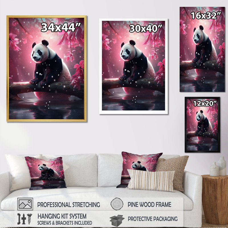 Adorable panda sur une branche avec des fleurs roses I sur toile, H 44 po x l 34 po x P 1,5 po, Cadre flottant noir