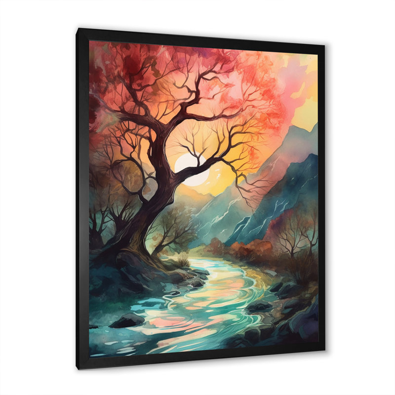 Ryian Sun Down Peaking Through Tree sur impression sur toile, Cadre photo noir, H 20 po x l 12 po x P 1 po