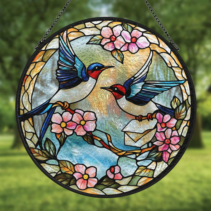 Panneaux de vitrail avec vitrail et oiseaux, 11,8 x 11,8 po (30 x 30 cm)