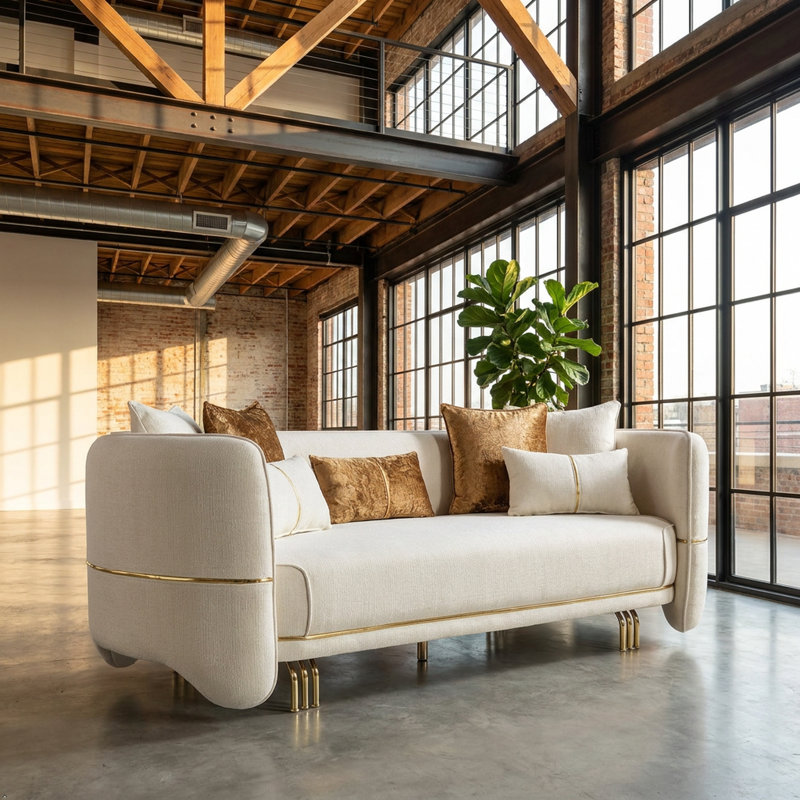 Curved Velvet Sofa Ivory 94" Low Profile High-Density Foam 