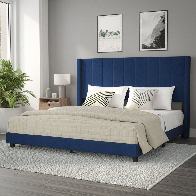 Upholstered Platform Bed with Vertical Stitched Wingback Headboard, Slatted Mattress Foundation, King, Navy