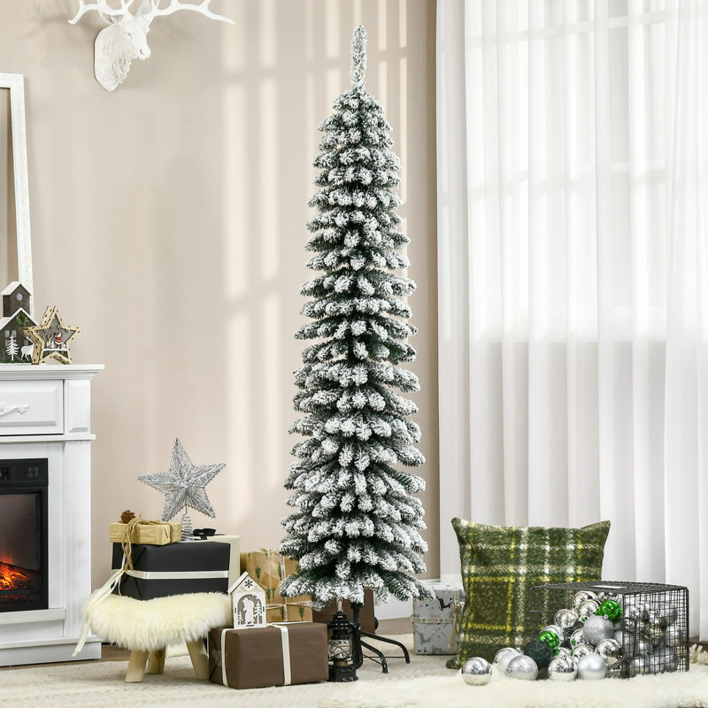 Grand arbre de Noël artificiel enneigé floqué de neige, arbre de Noël mince avec branches réalistes et 395 pointes