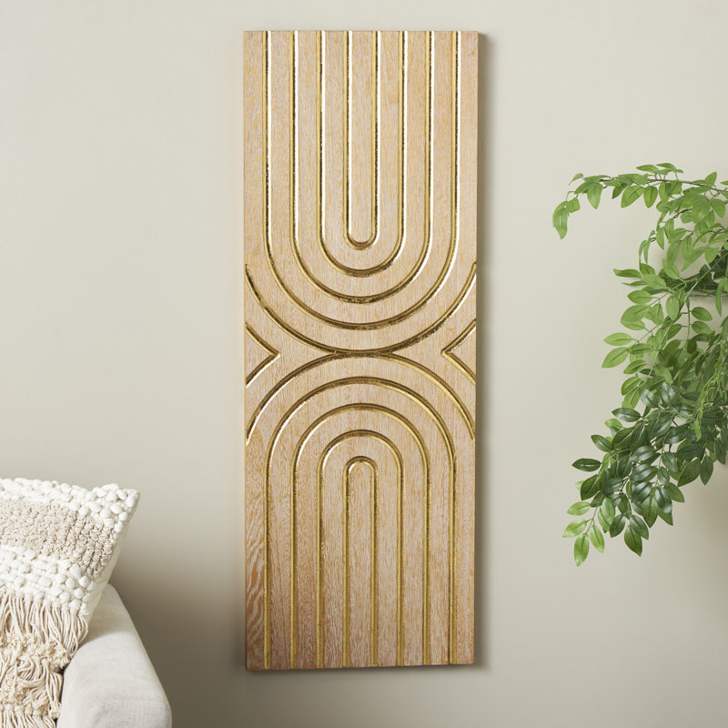 Wood Panel Geometric Light Brown Wall Decor with Overlapping Gold Arches