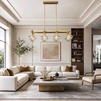 Lustre linéaire à 8 lumières avec abat-jour en verre, chaîne lumineuse suspendue à finition cuivre pour la salle à manger, le salon et le vestibule, ampoules DEL E26 incluses
