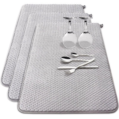 3 Pack Microfiber Dish Drying Mat,24 X 17 Inch Super Absorbent Drying Pad,Large Size Dish Drying Mat For Countertops,Sinks,Draining Racks,Gray
