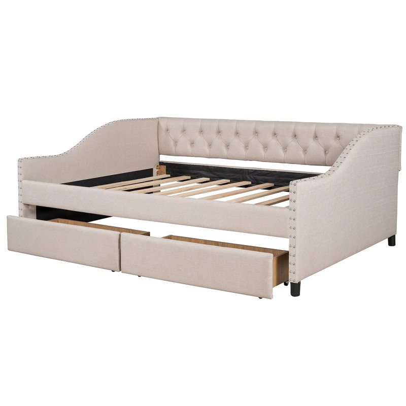 Lit de jour rembourré avec deux tiroirs, support en lattes de bois, Complet/Double, Beige