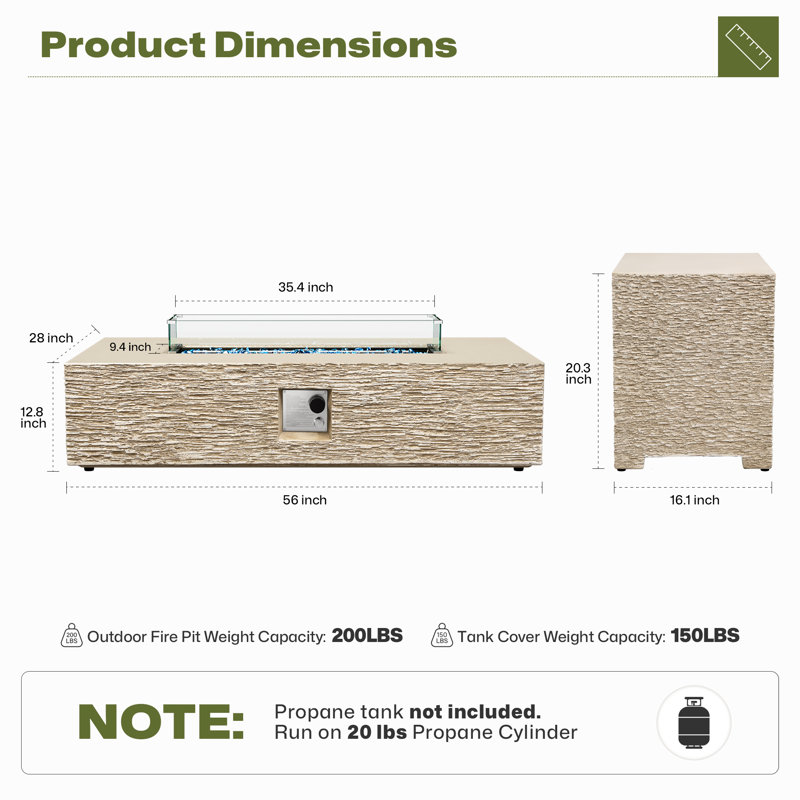  56-Inch Rectangle Magnesium Oxide Gas Fire Pit Table, Includes Tank Cover and Wind Guard, Beige