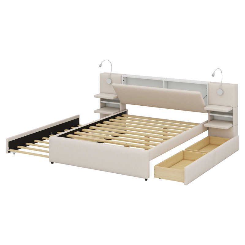 Lit plateforme tapissier avec lampes de lecture, tiroirs, lit gigogne et tablettes