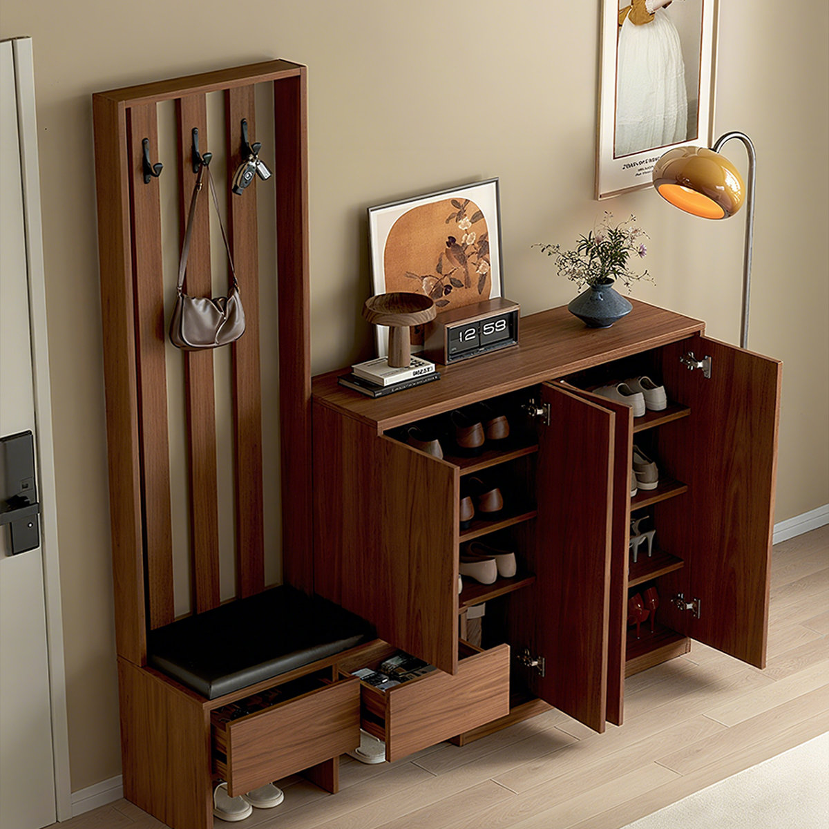 66.93" Modern Minimalist Brown Solid Wood Shoe Cabinet with Integrated Bench and Coat Rack