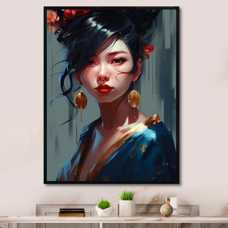 Dame japonaise élégante - peinture sur toile, H 32 po x l 16 po x P 1 po, Cadre flottant noir