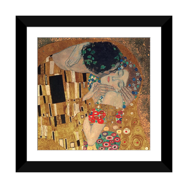 «Il Bacio, Square Détail» par Gustav Klimt, impression sur toile tendue, Papier avec cadre noir, Blanc