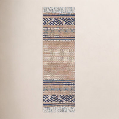 Alberta Beige Blue Hand-Woven Geometric Jute Rug