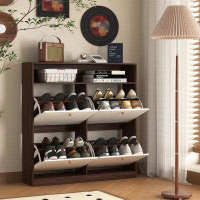 Armoire de rangement pour chaussures avec 4 tiroirs rabattables, armoire de rangement pour chaussures avec poignées en bois et armoire de rangement pour chaussures anti-basculement