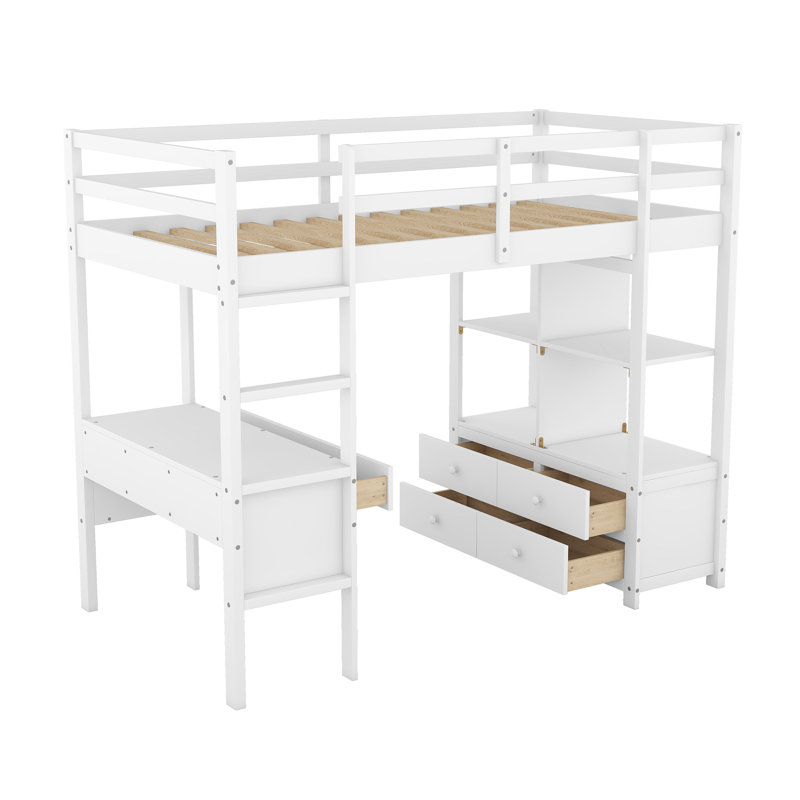 Loft Bed with Built-in Desk with Two Drawers, and Storage Shelves and Drawers, White 1, Twin