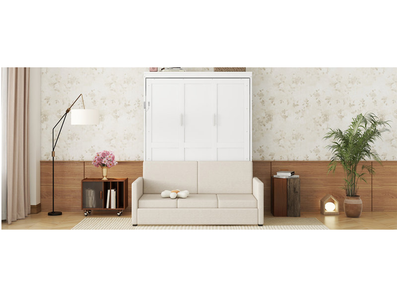 Grand lit escamotable mural avec coussin, grand lit, blanc, Blanc