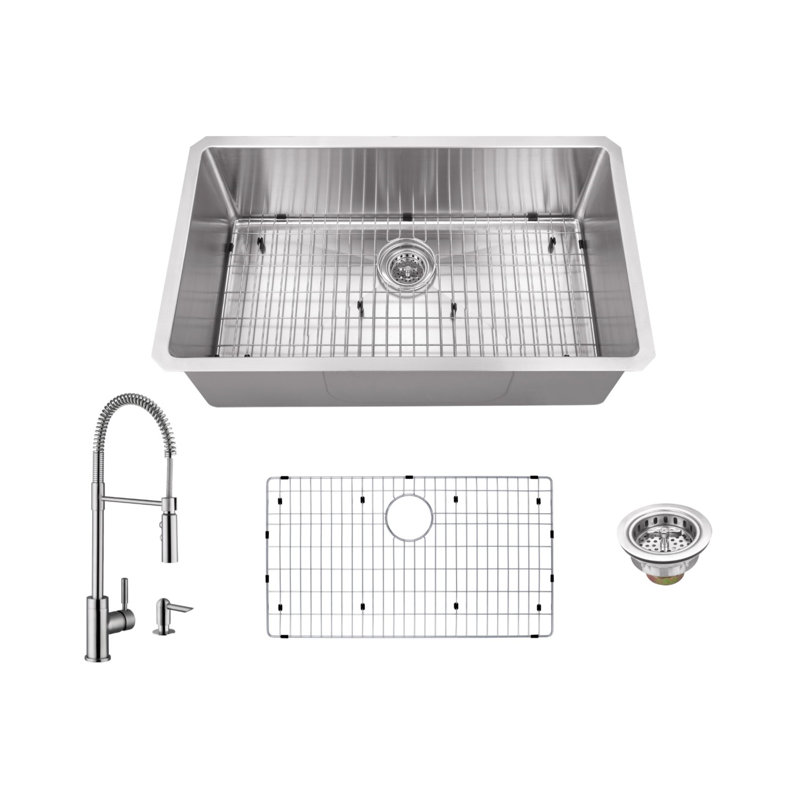 Évier de cuisine encastrable l 32 po x l 19 po avec robinet et distributeur de savon, Robinet industriel
