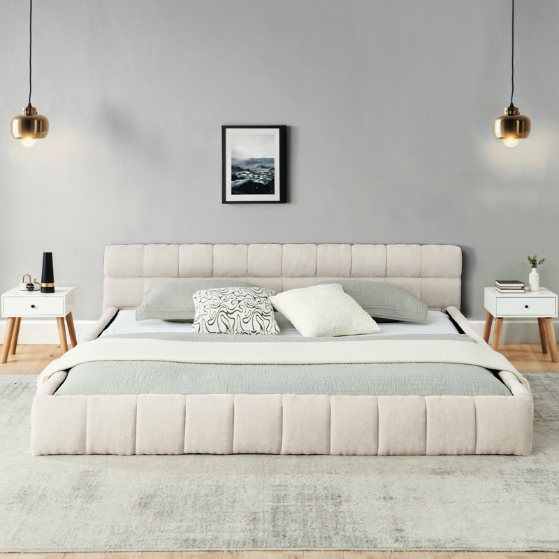 Très grand lit plateforme avec tissu épais, tête de lit moelleuse, aspect terre, pas de sommier tapissier, structure rembourrée en chenille, style, assemblage rapide