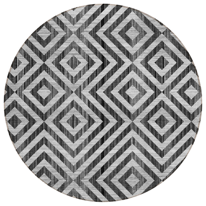 Tapis d'intérieur rond lavable à motif géométrique 8 pi gris et argent