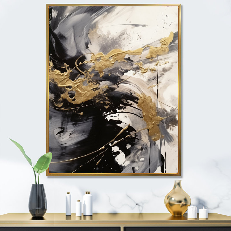 «Lewisville Gold and Gray Fluid Fusion IV», reproduction d'art sur toile abstraite, Cadre flottant doré