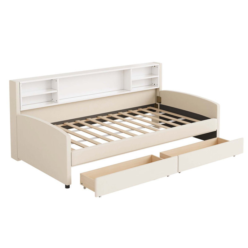 Lit plateforme simple tapissier avec rangement et tiroirs, Beige