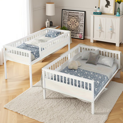 Lit superposé simple au-dessus de grand lit simple avec échelle et garde-corps - Lit superposé convertible en bois massif avec design détachable, blanc